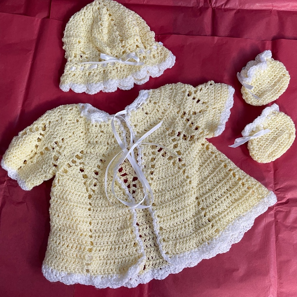 Handmade Crochet Baby Set yellow and white boxCJ